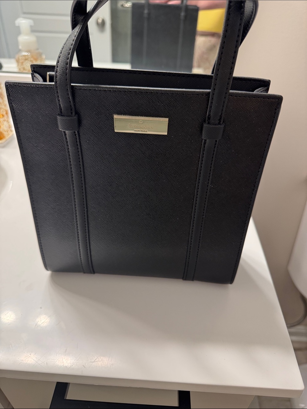 Kate Spade Black Structured Leather Tote Bag with Gold Plaque
